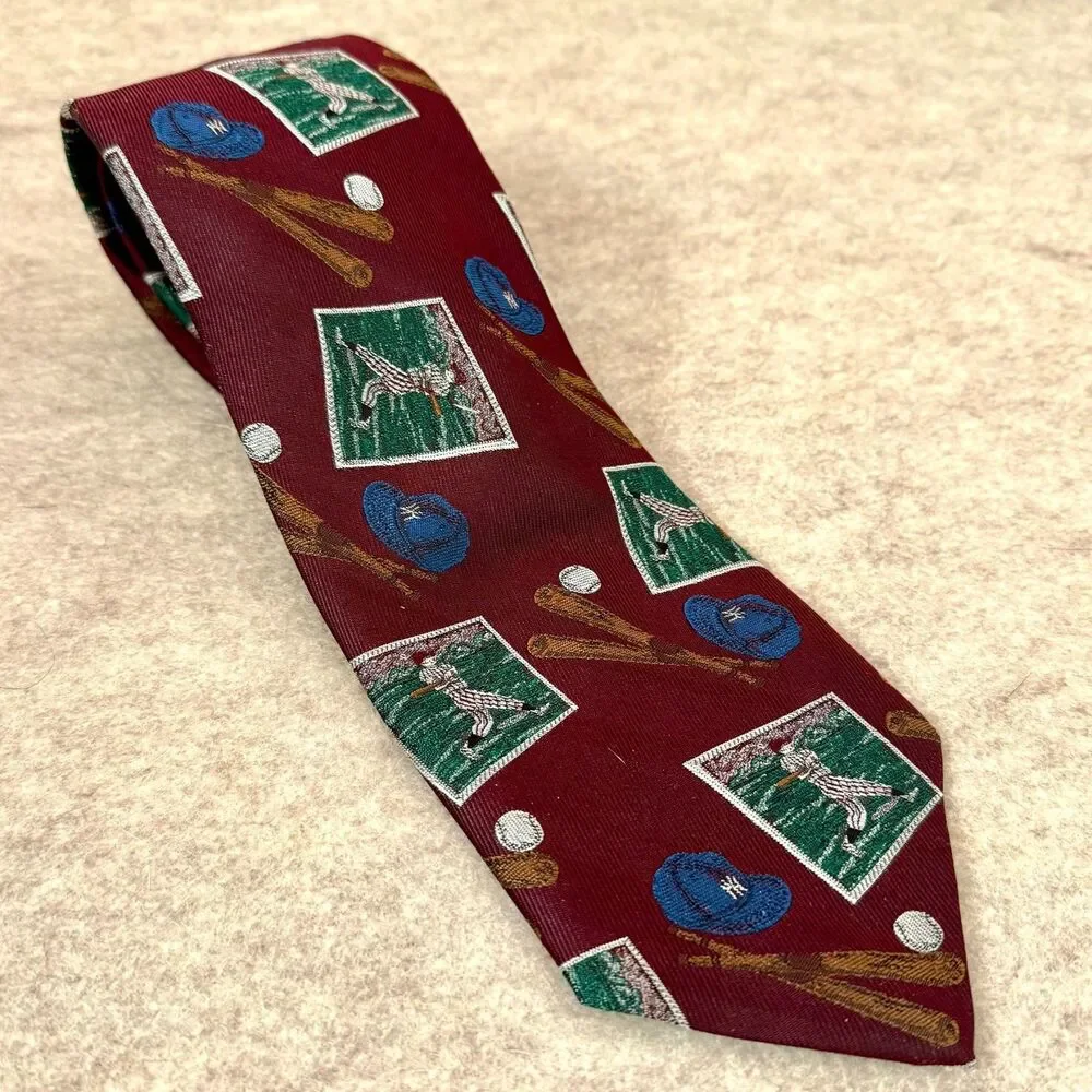 Vintage Robert Talbott silk necktie burgundy baseball novelty sports graphic USA